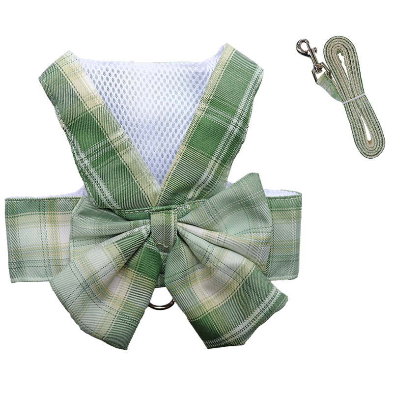 Plaid Dog Dress Bow Tie Harness Leash Set, Dog Clothes Harness Dress with Leash Ring for Small Dogs Girl, Puppy Princess Clothes Chihuahua Yorkies Pet