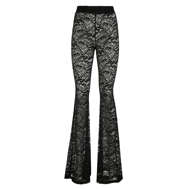 Darlingaga Fashion Black Skinny Lace Trousers Full Length Solid Transparent Sexy Party Thin Flared Pants Vintage Elegant Bottoms 250304