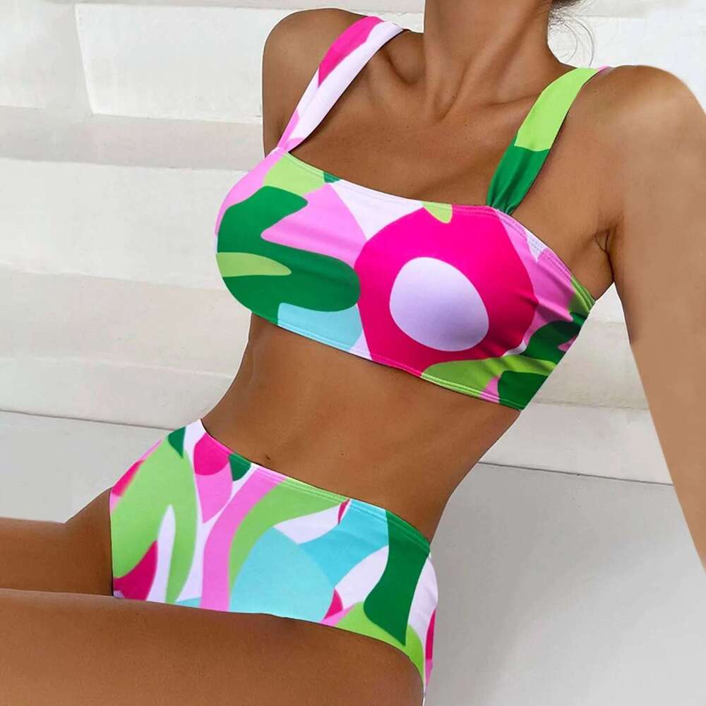 Hanging Female Neck Suspender Two Piece Fashion Print Swimsuit Tankini Swimwear Set Swim Tops For Women Km-Ly