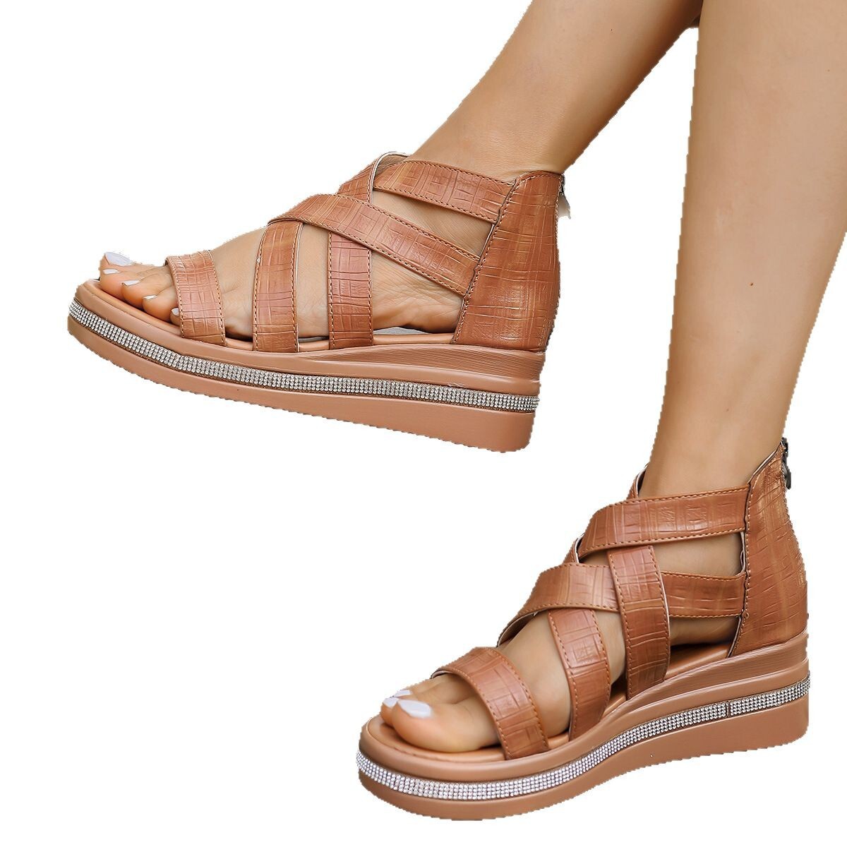 2025 New Summer Women's Slope Heel Water Diamond Thick Bottom Roman Sandals Hollow Shoes ddmykukumalu