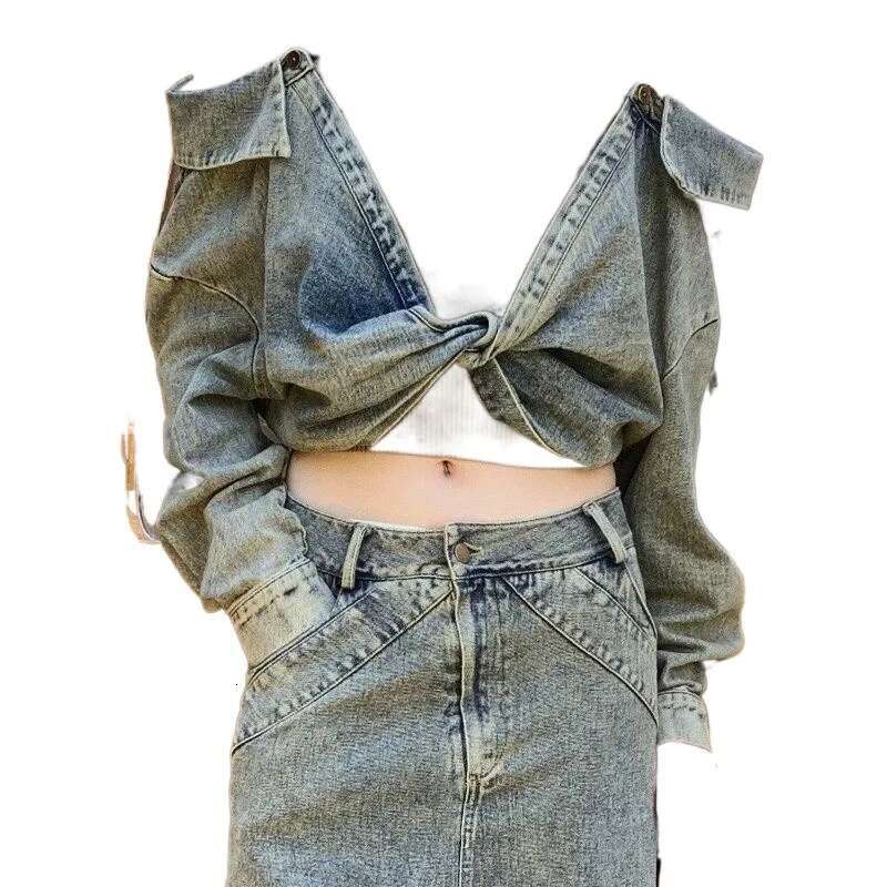 hoodie European Fake Two-Piece Spliced Off Shoulder Denim Shirt Women's Autumn New Vintage Punk Waste Land Fashion Sweet Top jacket