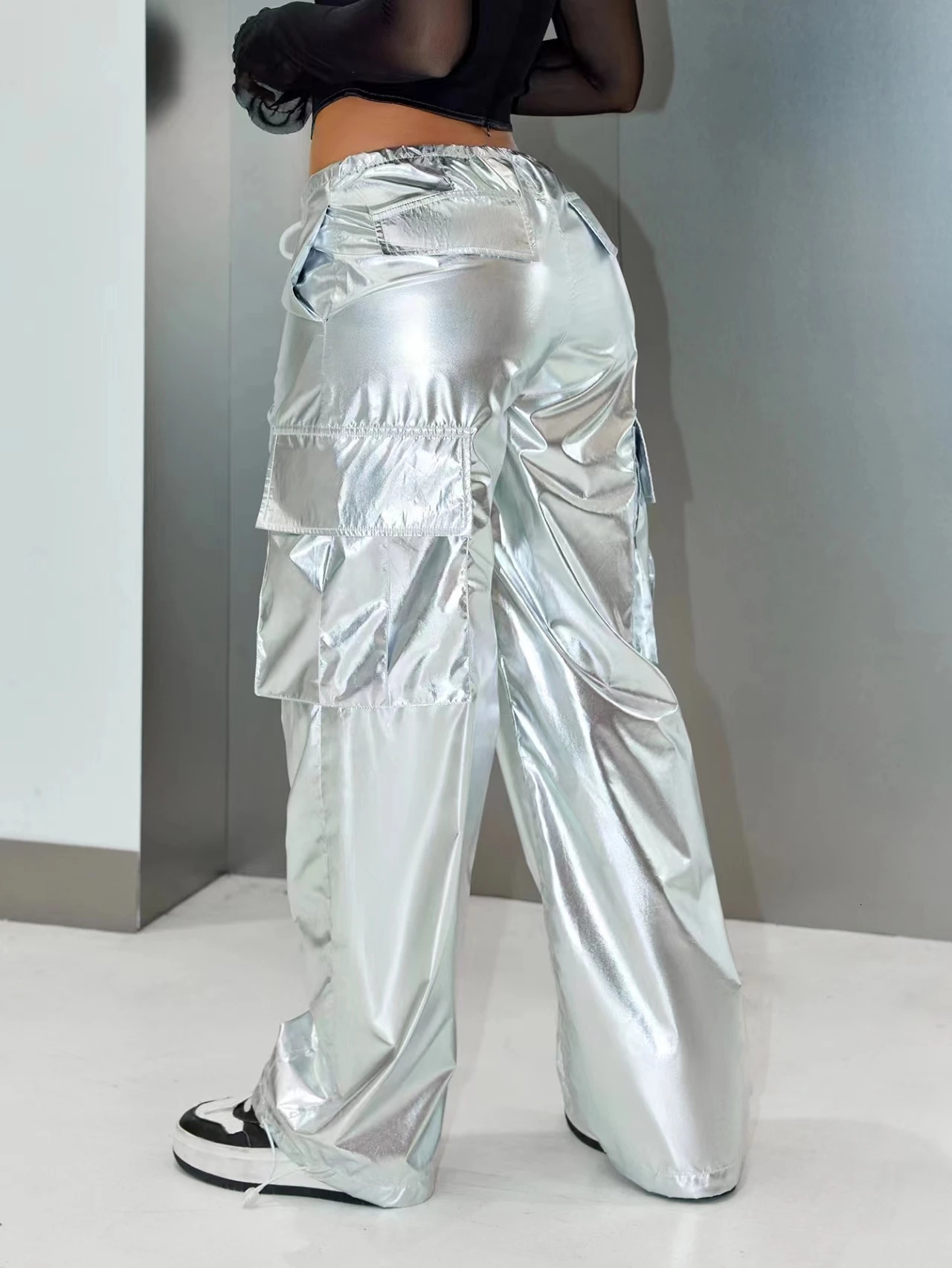 Y2K Street Flap Pocket Drawstring Waist Silver Metallic Loose Wide Leg Cargo Parachute Pants Festival Outfits 250304