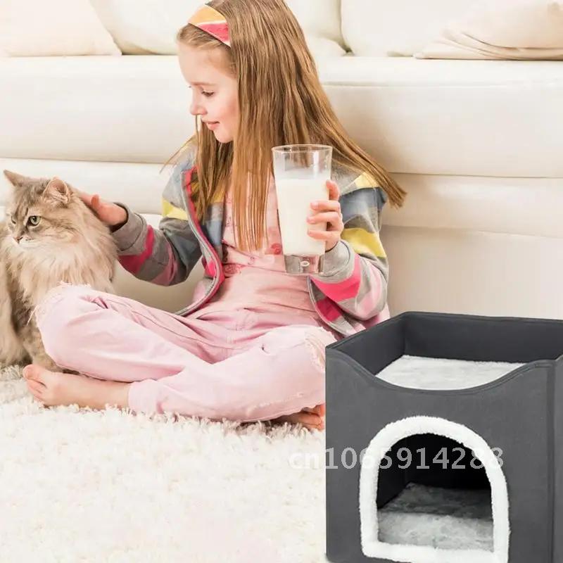 Indoor Dog House Soft Cozy Foldable Cat Cube Sleeping Warm Layer Kennel Double Condo Cats Small Nest For Cat Medium House