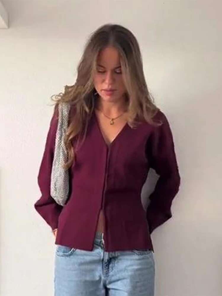 Bury Red Knitted V-Neck Split Cardigan Women Solid Color Slim Long Sleeve Front Hook Sweater Autumn Elegant Lady Knitwear