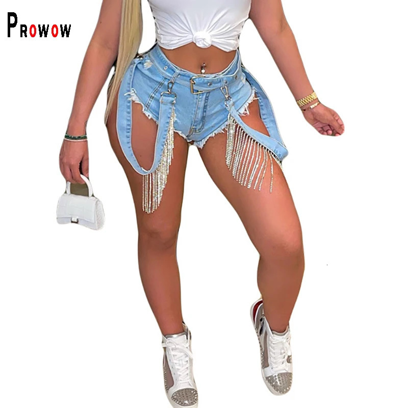 Prowow Fashion Diamond Tassel Womens Shorts Summer Denim Ultra n Y2k Style Party Club Boutique Jeans 250304