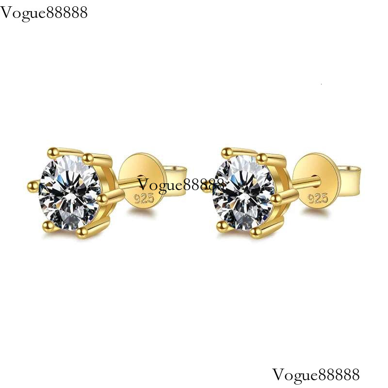 Moissanite Stud Earrings Yellow Gold Plated Sterg Sier Earring, 0.3-2.0 Carat Lab Created Dia Men Women Jewelry