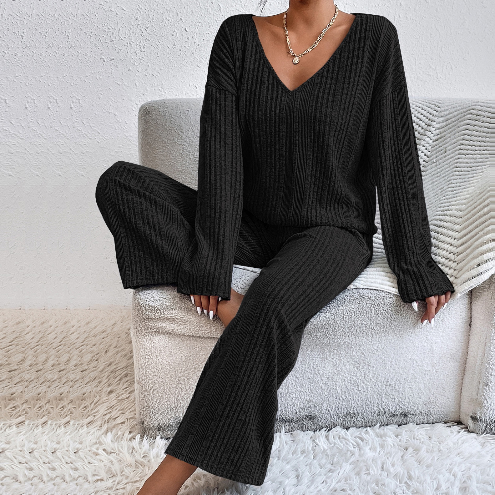 B750-Autumn and winter beautiful ladies pajamas set long sleeves and long pants two-piece imitation cotton lace splicing home clothes set
