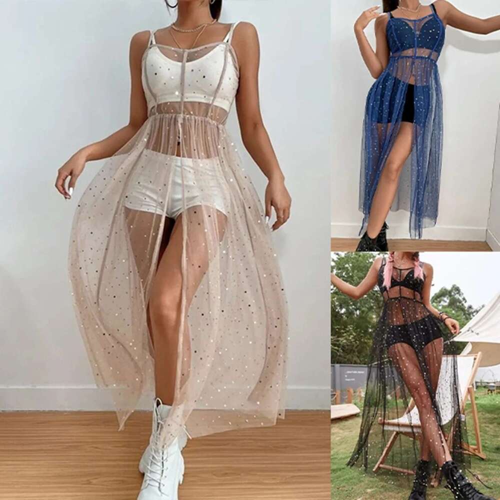 Mesh Sequin Sheer Smock For Women Sleeveless Split Midi Dress Holiday Beach Club Street Sexy Y2k Female Summer Dresses Km-Ly
