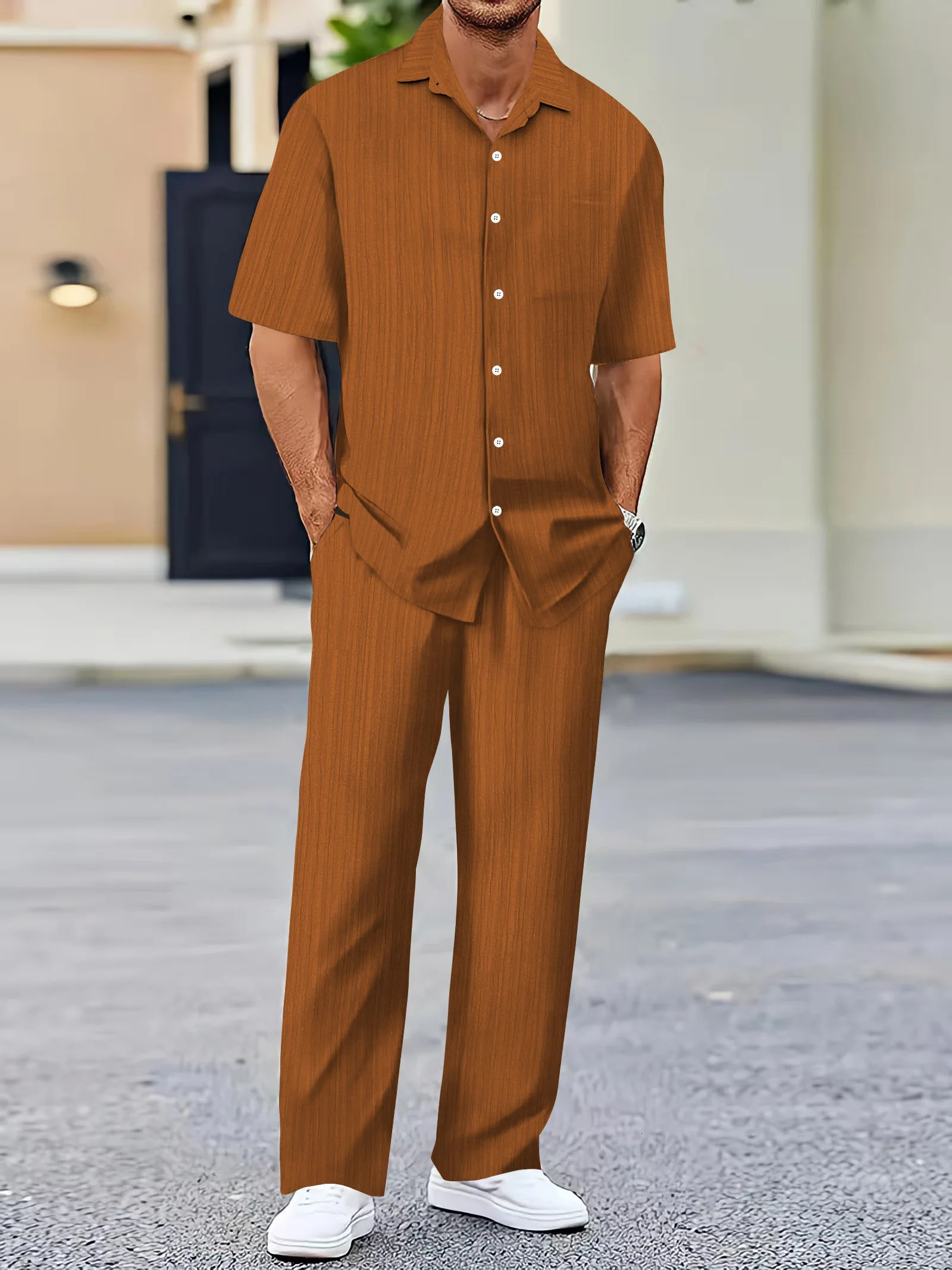 Spring/Summer Mens Style Set Fashion Short Sleeve Button Open Top Weight Loss Pulling Rope Pants 250303