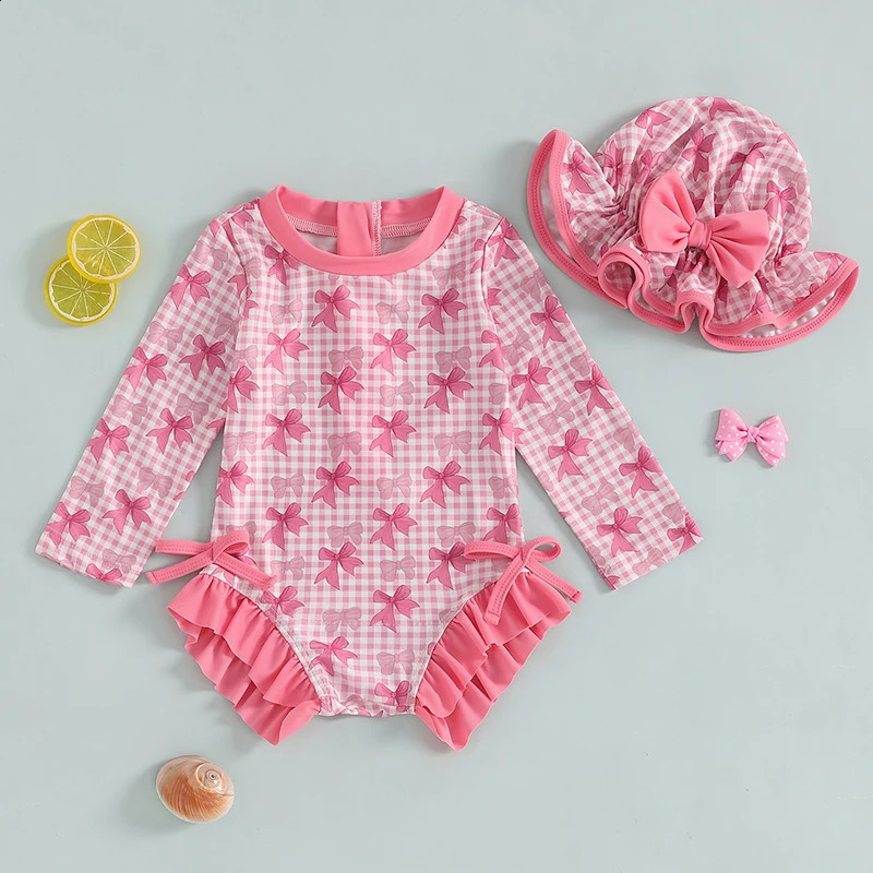 Toddler Girl Floral Rash Guard Swimsuit Set with Long Sleeve and Ruffle Bottom Bathing Suit Infant Swimwear and Sun Hat for 250304