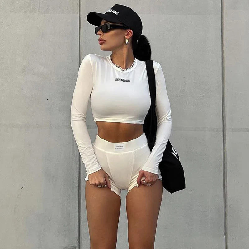 European and American SpringSummer Round Neck Long Short sleeved 34 Shorts Two piece Womens Fashion Sports Versatile Set 250304