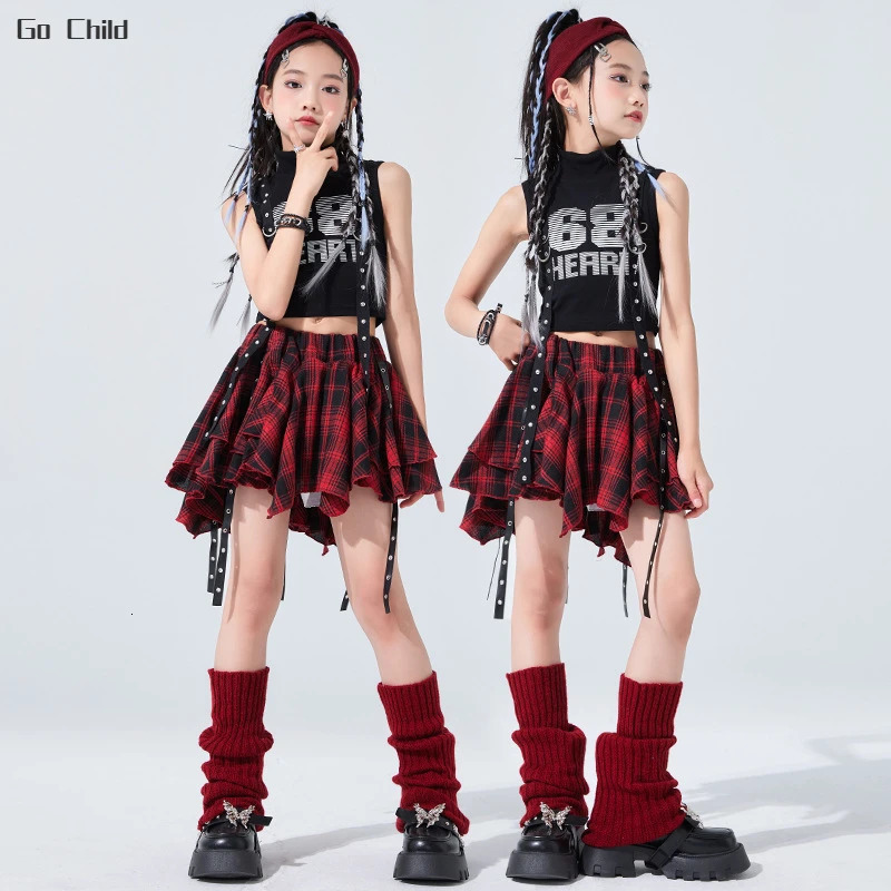 Kids Hip Hop Crop Top Plaid Street Dance Skirt Girls Ribbon Pleated Skirts Teens Jazz Cool Costumes Child Streetwear Clothes Set 250304