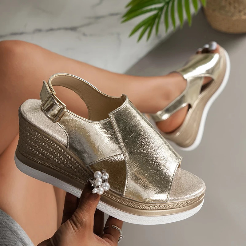 Summer Peep Toe Platform Sandles Woman Plus Size Thick Sole Sandalias Women Gold Silver PU Leather Wedge Sandals for Women 250228