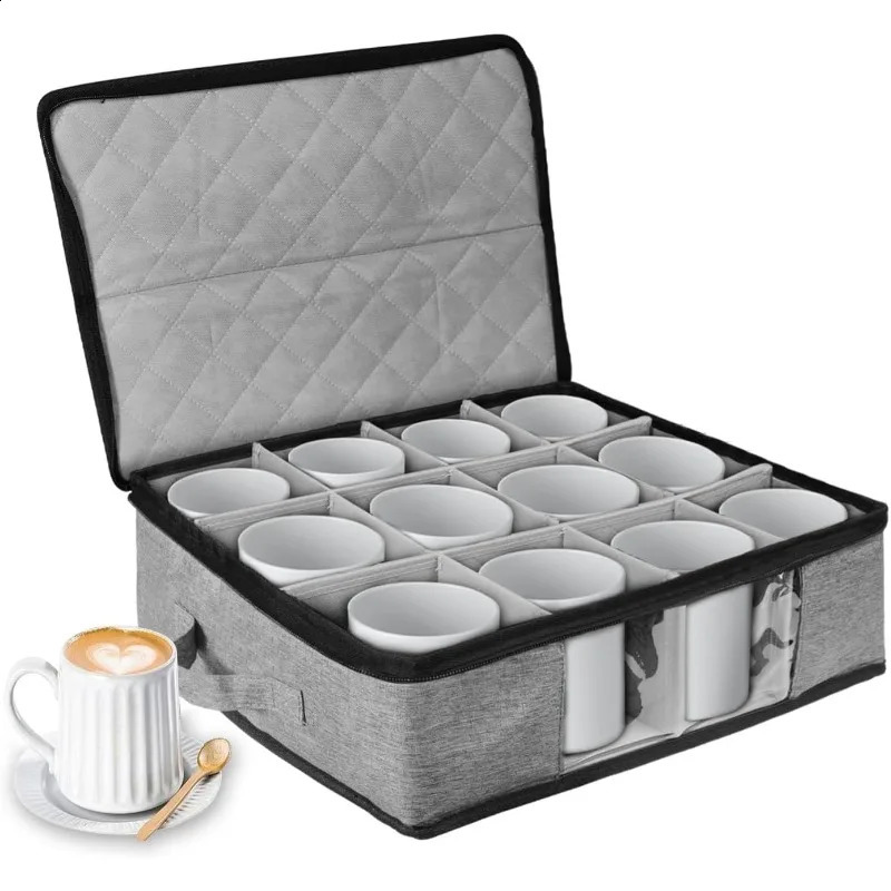 Ship from US Coffee Cup Storage Organizer Mug Boxes with Dividers Stackable Hard Shell China Sturdy Handle 250305FBB