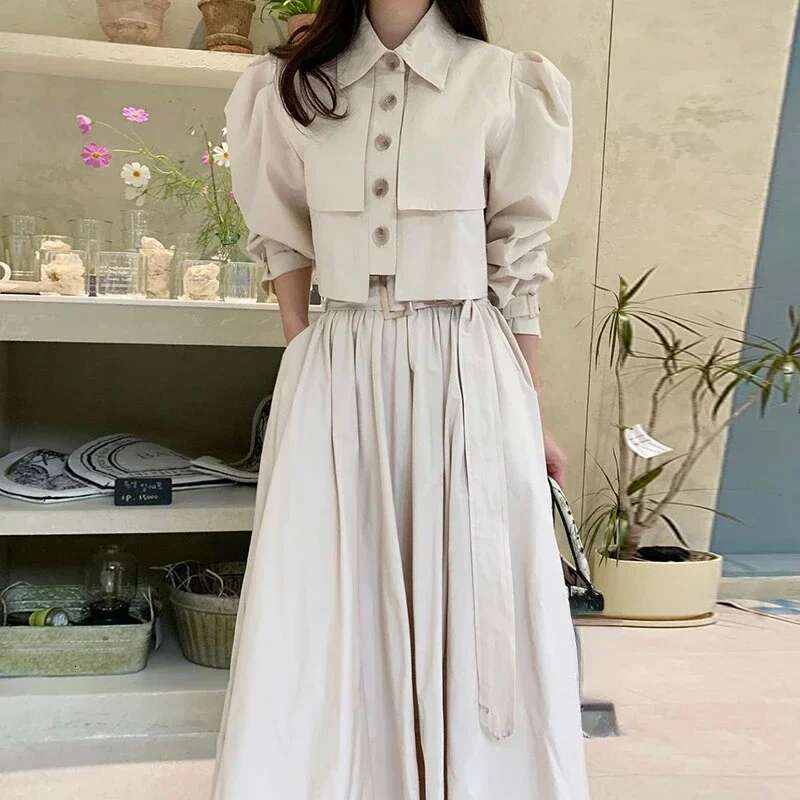 Korean Fashion Matching Sets Puff Sleeve Button Short Blouses High Waist Pleated Long Skirts Solid Color Design Women's Clothing