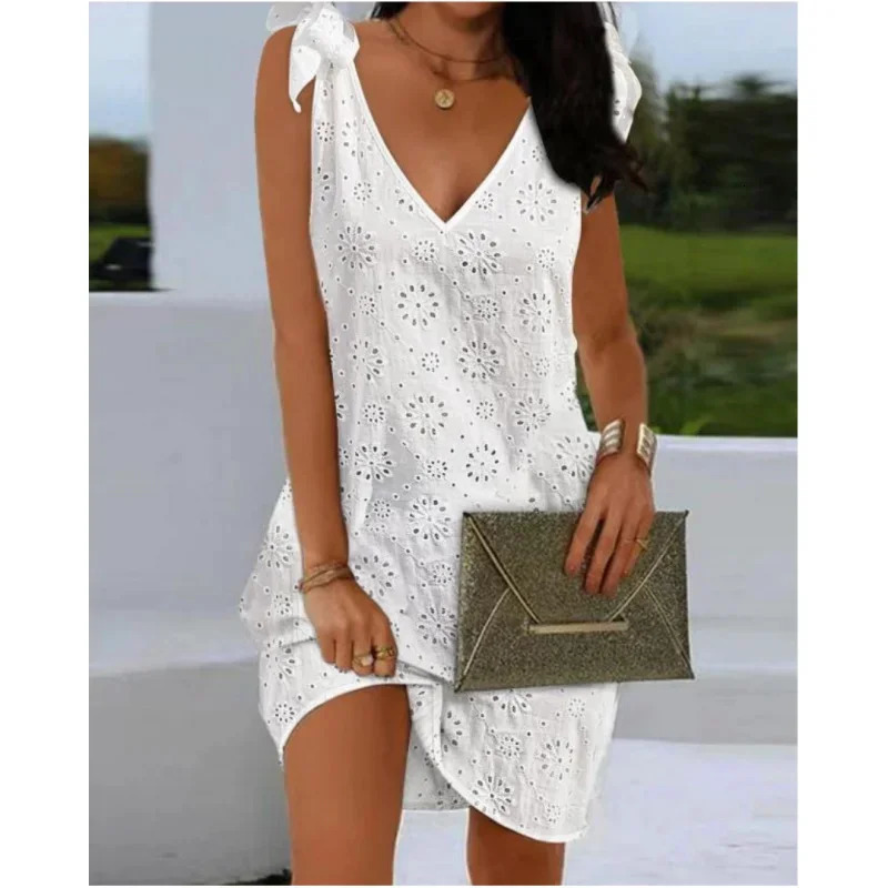 Elegant Dresses VNeck Eyelet Embroidery Tied Detail Sleeveless Mini Straight Dress Vacation Fashion Summer 250304