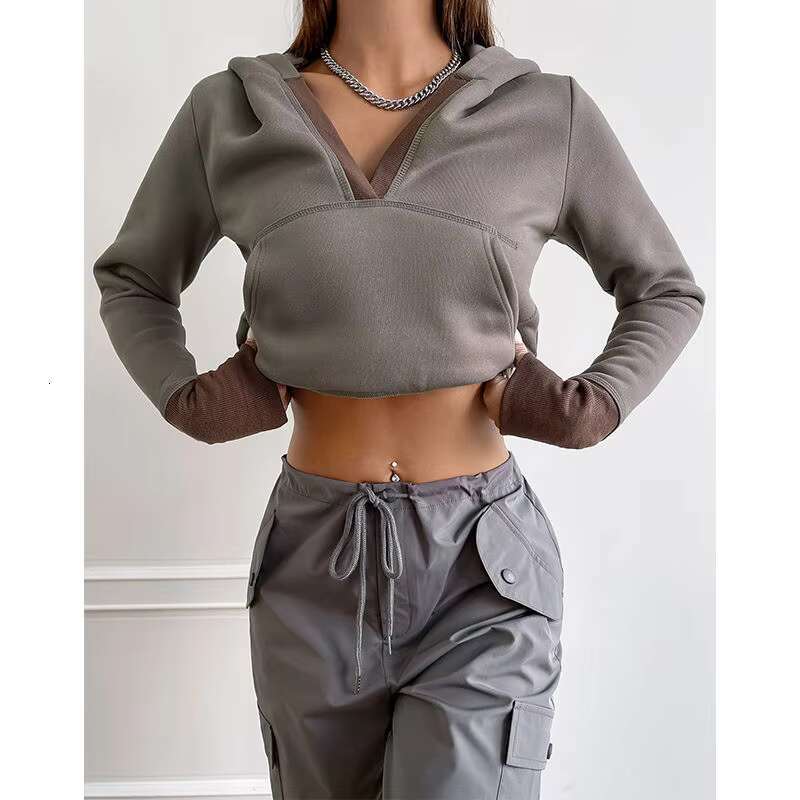 Custom Streetwear Plain Cropped Two Tone Pocket Crop Hoodie For Women's Sweatshirt