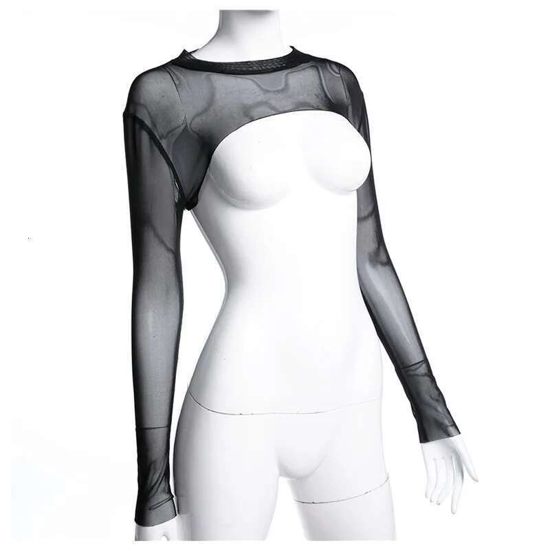 Crop Women Mesh Sleeve T-Shirt Sexy Hollow Out Transparent Tops Ladies T Shirt Black Top Casual T-Shirt Tee Shirts KLMY