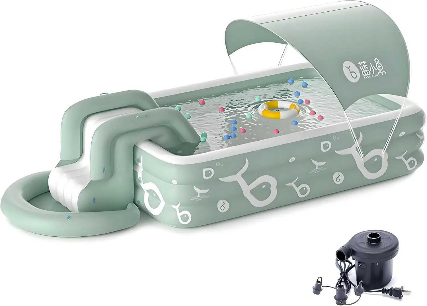 Inflatable Pool with Canopy and SlideLarge Inflatable Swimming Pool for PersonsFamily Pool for Backyard OutdoorXJ250305