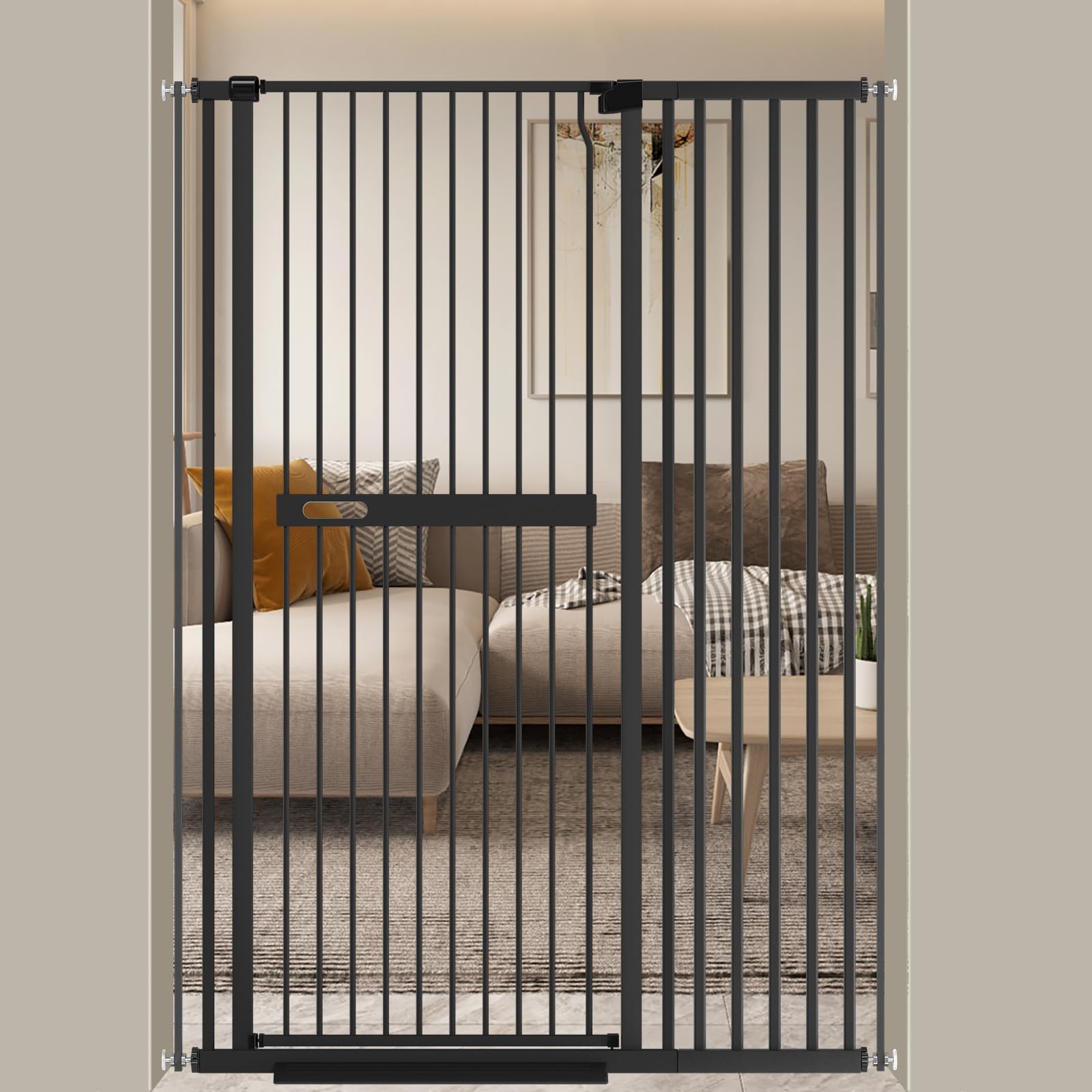 Extra Tall Cat Gate Wide Pressure Mounted Tall Gate Metal Black Dog Pet Cat Tall Gates for Doorways