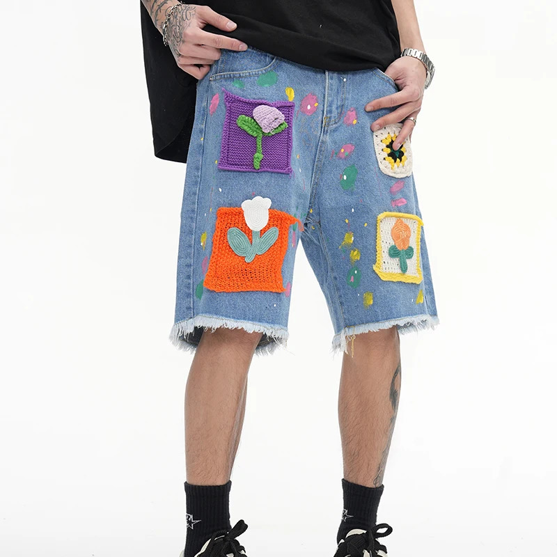 Harajuku Vintage Knitted floral Pattern Denim Shorts Mens Oversized Straight Cut Jeans Casual Loose Shorts College Pants Y2K 250304