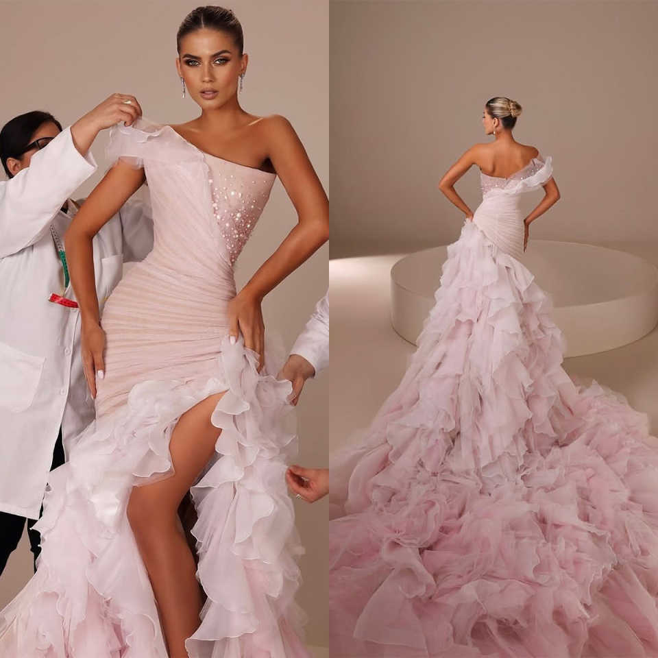 Fashion Evening Dresses For Women One Shoulder Sleeveless Ruffles Gown Beaded Split Side Sweep Train Party Customized Dress