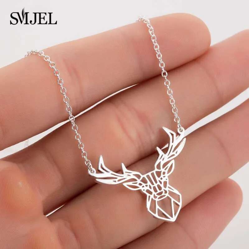 Punk Elk Deer Antlers Pendant Women Stainless Steel Origami Geometric Animal Necklace For Christmas Gifts Girls