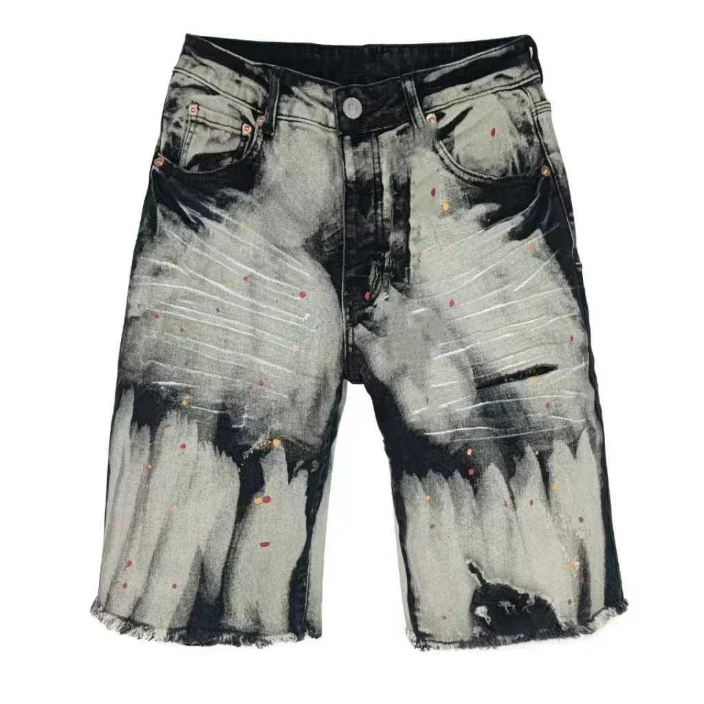 Fashion Tide Anti-Aging Tie-Dye Spray Paint Slim Fit Casual Black Denim Shorts Mens Summer Knee Length ShortsT250305