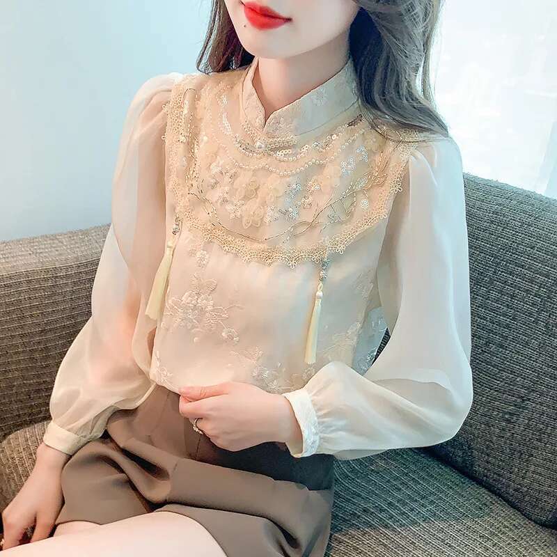 #2547 Spring Vinage Chiffon Women Stand Collar Ladies Tops And Blouses Split Joint Sequined Embroidery Long Sleeve Blouse