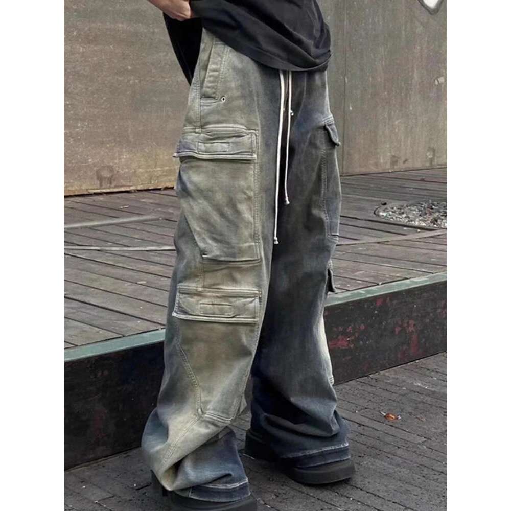 American Fashion Washed Old Gradient Stripe Multi Pocket Drawstring Jeans Men Haruku Street Loose Denim Pants