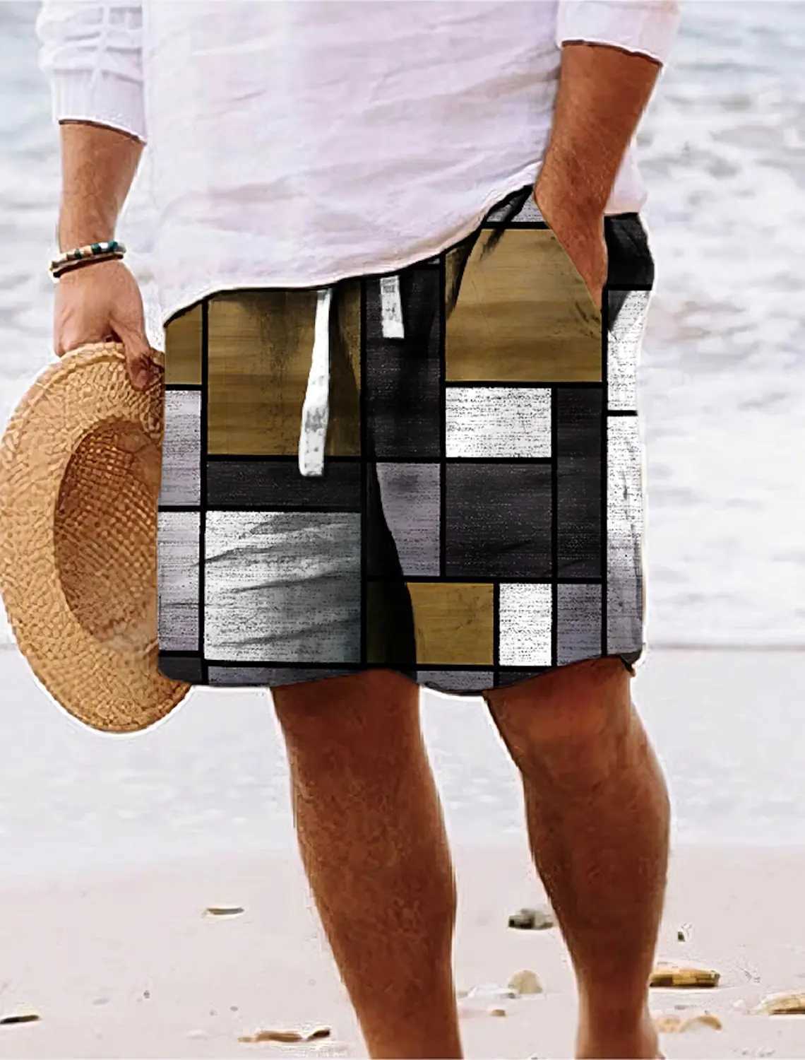 Mens Summer Shorts Beach Shorts Drawstring 3D Printed Color Blocks Geometric Breathable Soft Street Clothing HawaiiXJ250304
