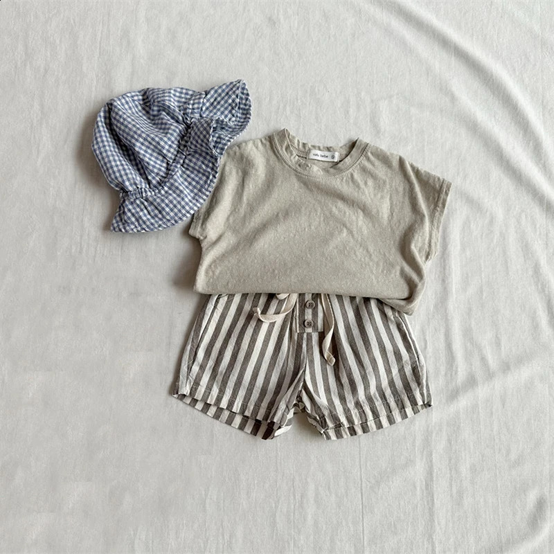 Vintage Linen Cotton Baby Boys Stripe Shorts Casual Buttons Pocket Baby Short Pants for Toddler Girls Clothing 0-24M 250304