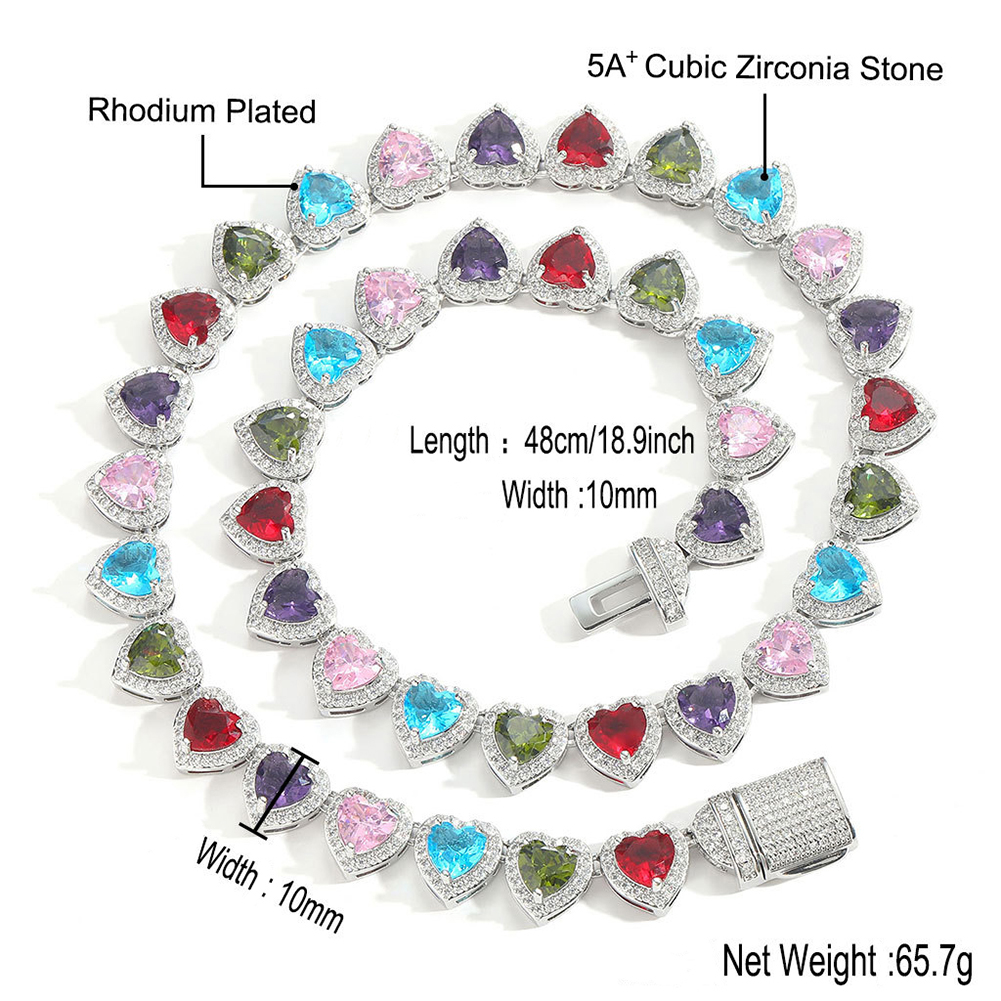 10mm High Quality Hip Hop Colorful Heart Shape Tennis Chain Necklace Women Men Hip Hop Rap Jewelry
