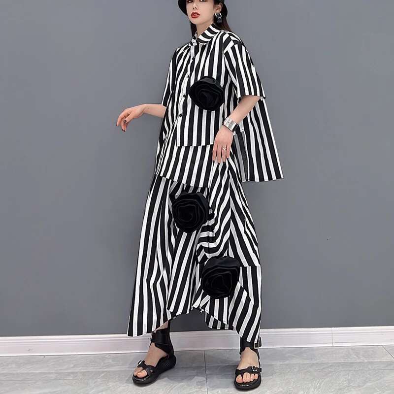 Korean Style Tie Wers Decorated Loose Fit Two Pieces Set Woman Summer Oversized Striped Blouse Shirt And Skirt Outfit Jjse016