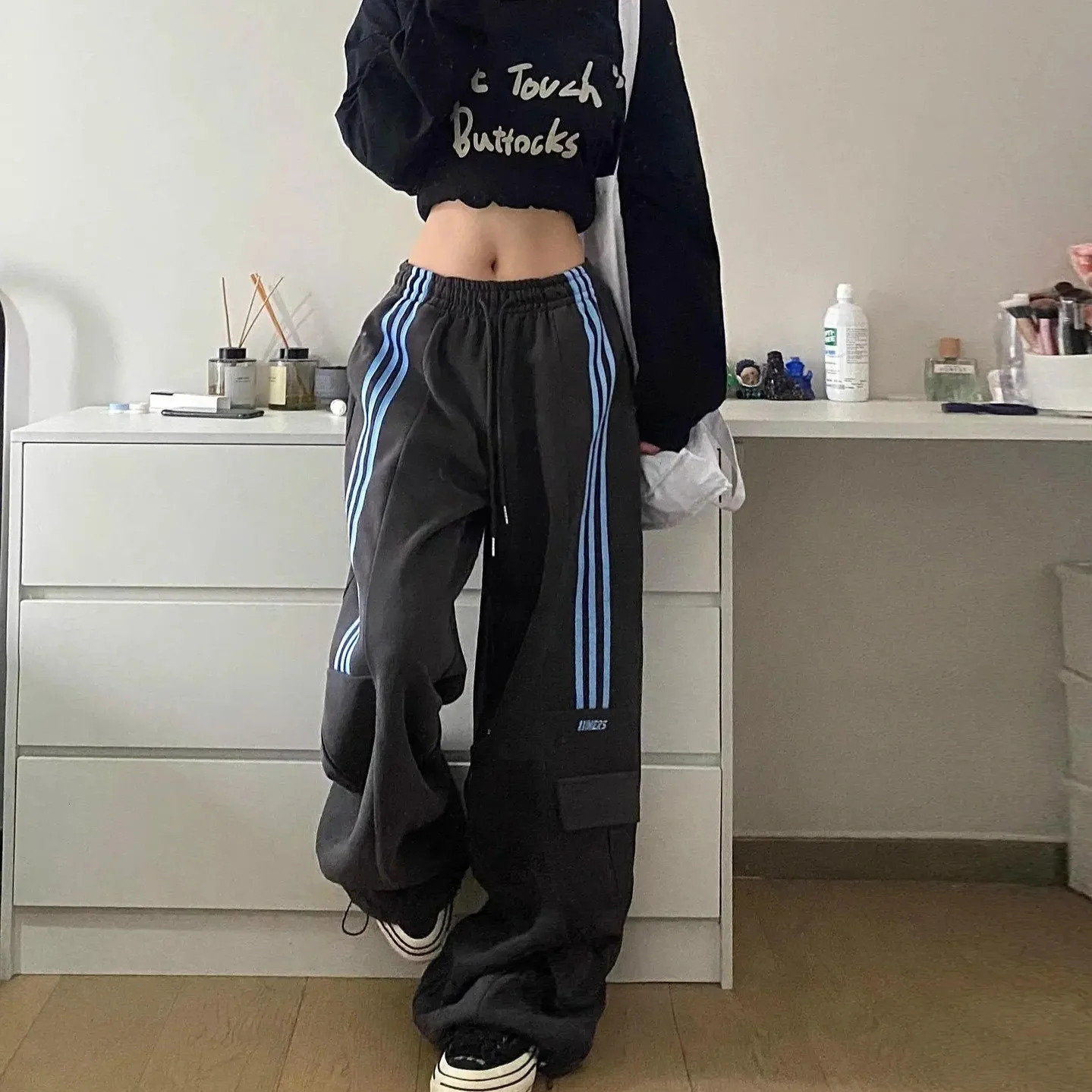 In Womens Sweatpants Casual Matching Wide Leg Pant Chic Sportswear Loose Cargo Pants Drawstring Joggers Baggy Streetwear 250304