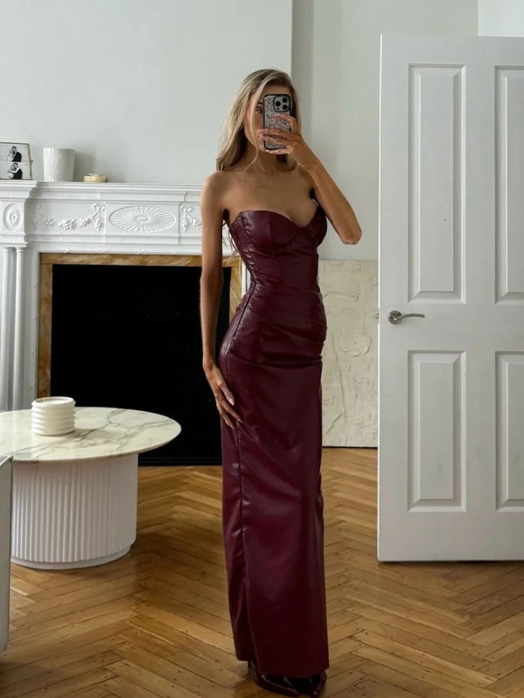 Sexy Womens Red Pleated Bodycon Pu Leather Dress Fashion Sleeveless Back Lace Up Slim Dresses 2025 Spring Lady Party Gowns 250304