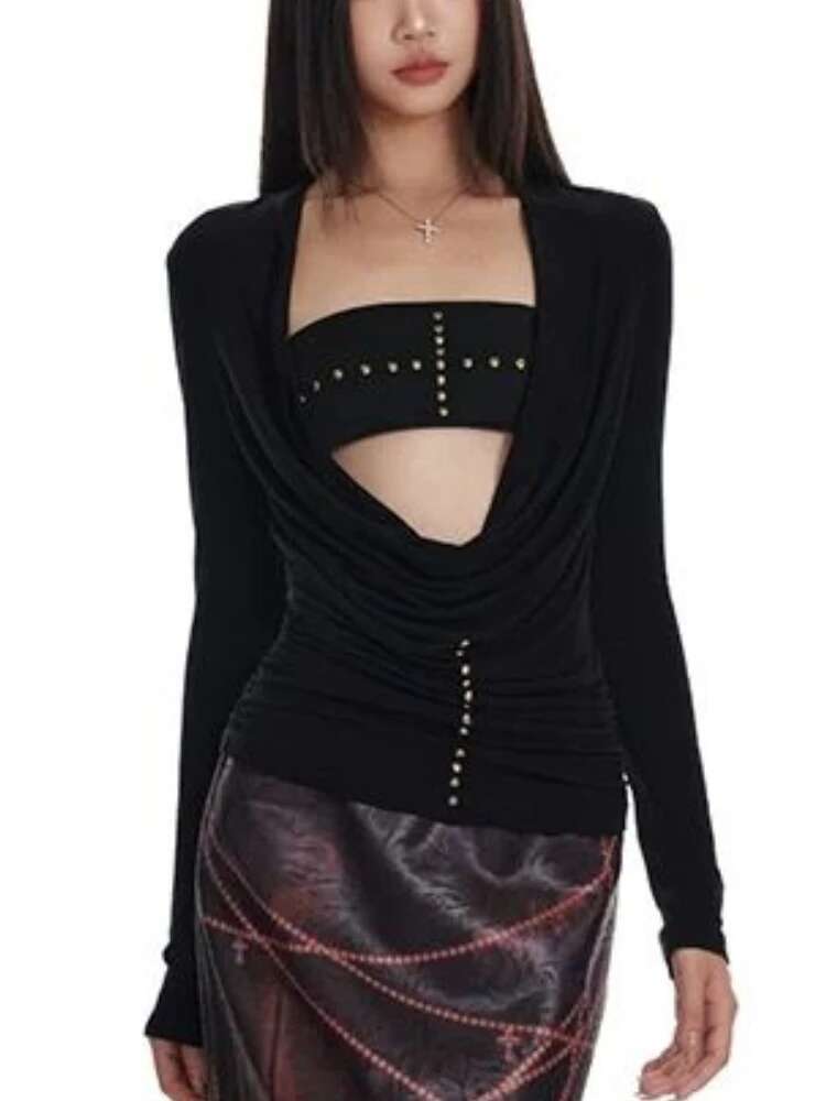 Two Pieces Set Punk Cross Rivets Sexy Women Strapless + Slim Haruku Vintage Solid Knitted T-Shirt Y2k Aesthetic Fashion Outfit