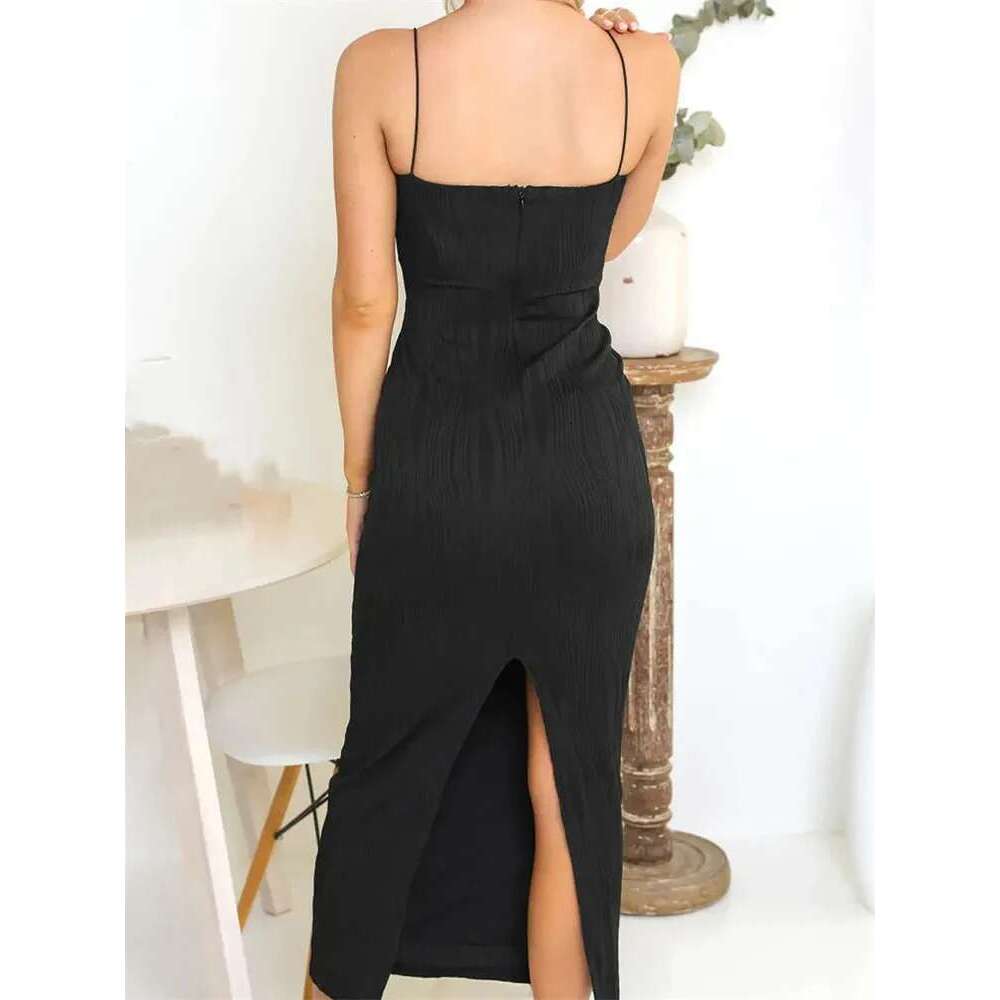 Women Sexy Long Ruched Sleeveless Slim Solid Summer Party Back Split Dress Clubwear Female Vestido Outfits KLMY