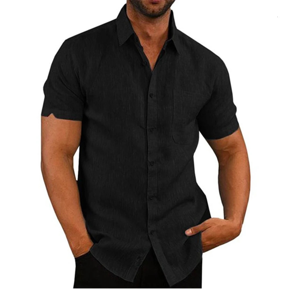 2024 cotton linen selling mens short sleeved shirt summer solid color lapel casual beach style plus size 250227Z