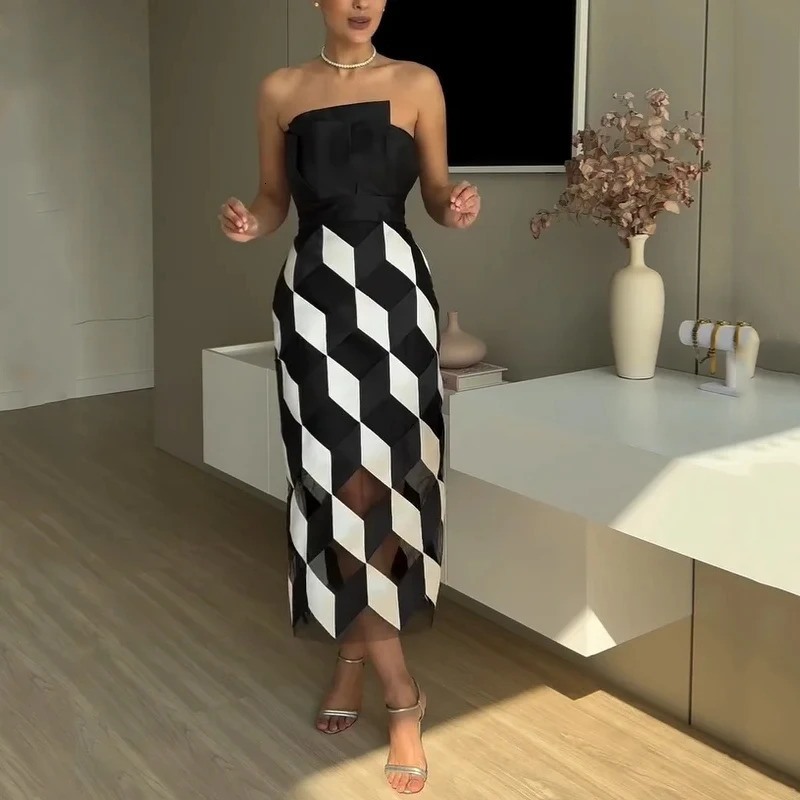Wefads Midi Dres Fashion Sleeveless Tube Nipped Waist Contrast Multifaceted Printed Evening Party Dresses Streetwear 250304