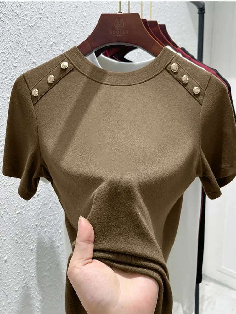 Office Lady Cotton T-Shirt With Medium Stretch For Women's Summer, Button Design Round Neck Slimming Top Gothic
