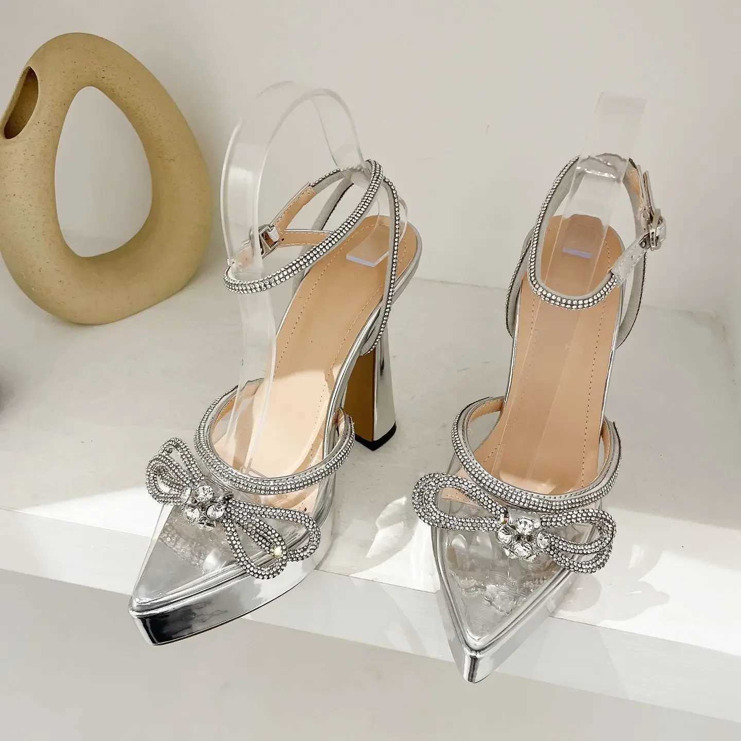 Sexy Transparent PVC Cover Toe Ladies Sandals Pumps Crystal Pointed Butterfly-knot Platform Chunky High Heel Party Wedding ShoesXJ2500305