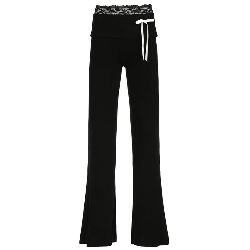 Darlingaga Casual Black Skinny Lace Spliced Basic Women Pants Bow Yoga Soft Gym Bow Harajuku Full Length Flared Trousers Bottoms 250304