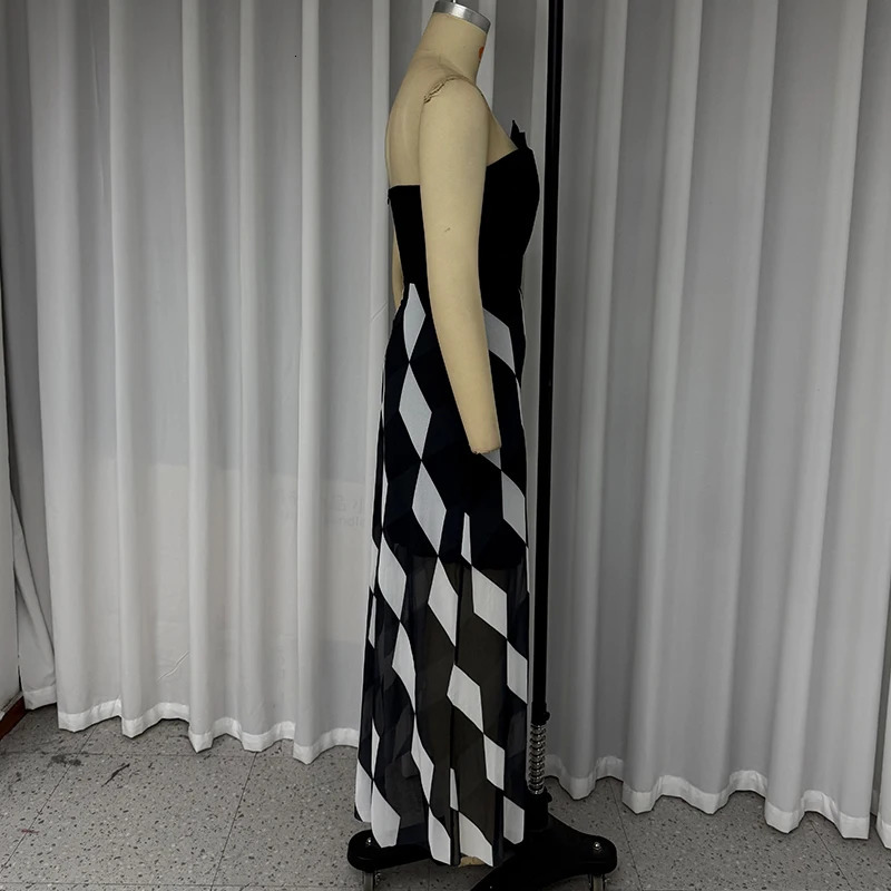 Wefads Midi Dres Fashion Sleeveless Tube Nipped Waist Contrast Multifaceted Printed Evening Party Dresses Streetwear 250304