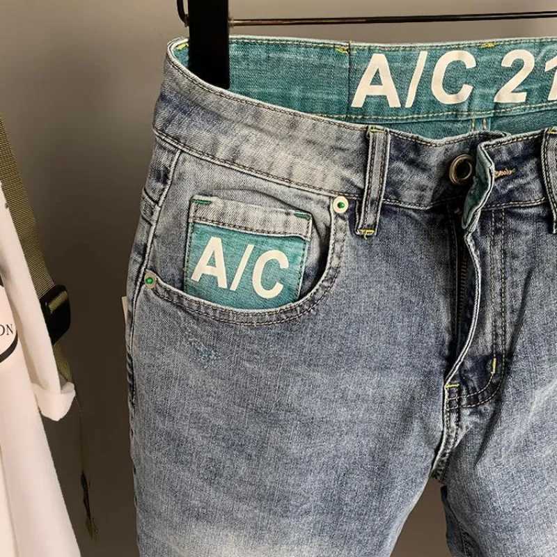 Half Male Denim Shorts with Text Ripped Multi Color Knee Length Mens Short Jeans Pants Graphic Long New In Summer Thin VintageT250305
