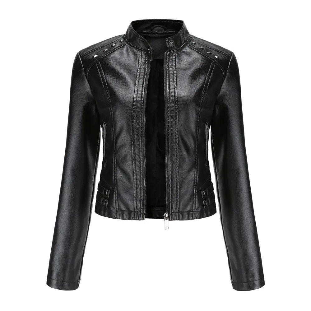 2024 Spring Autumn Womens Leather Jacket Female Riveted Stand Collar Casual Coats Motorcycle Clothing 250226