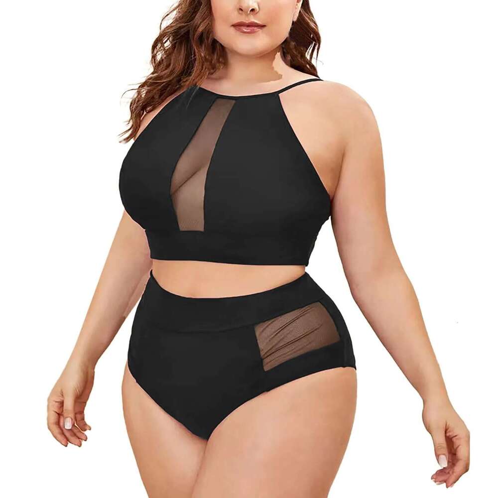 High 2024 Waist Neck Plus Size Swimwear Women Large Sexy Black Mesh Bikini Set Chubby Big 2 Piece Swimsuit Bathing Suit Km-Ly