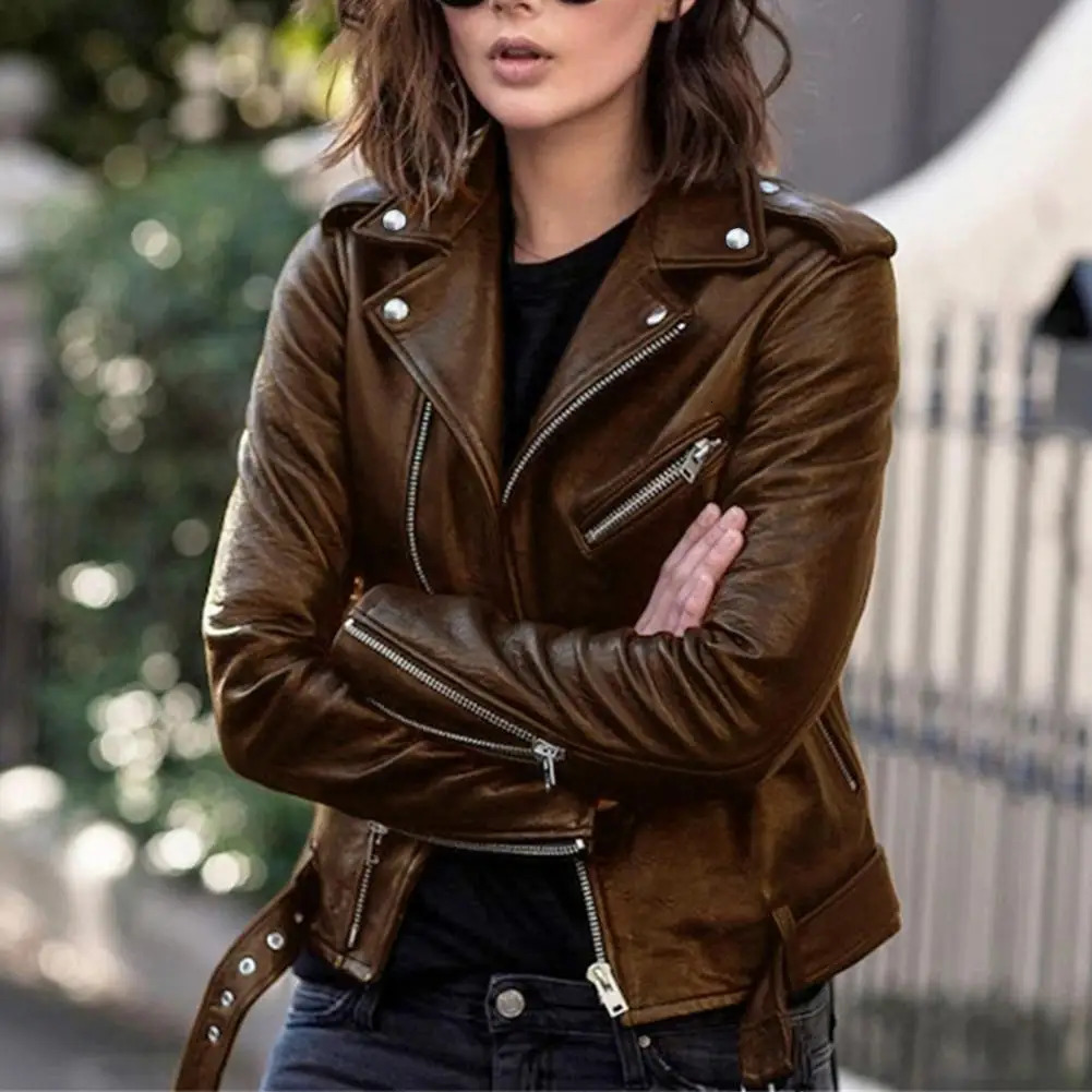 Autumn Short Jacket Solid Female Moto Biker Jackets Thin Ladies Cool Faux Leather Slim Outwear 250226