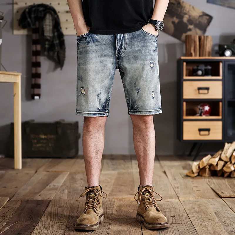 New washed do old denim shorts mens American retro Slim straight scrape tide leisure five-minute pantsT250305