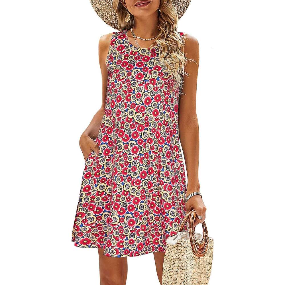 Women's summer dress beach floral T-shirt casual pocket bohemian vest skirt